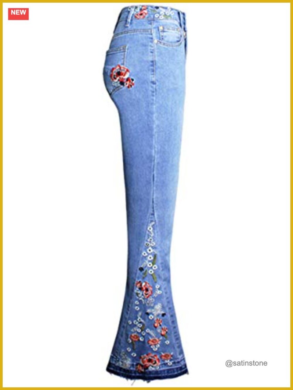 Boho Floral Embroidered Bell Bottom Jeans High Waist Retro 70s Stretch Denim - Picture 5 of 6